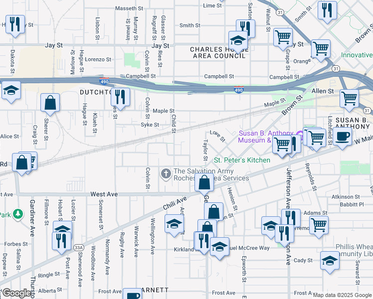 map of restaurants, bars, coffee shops, grocery stores, and more near 171 York Street in Rochester