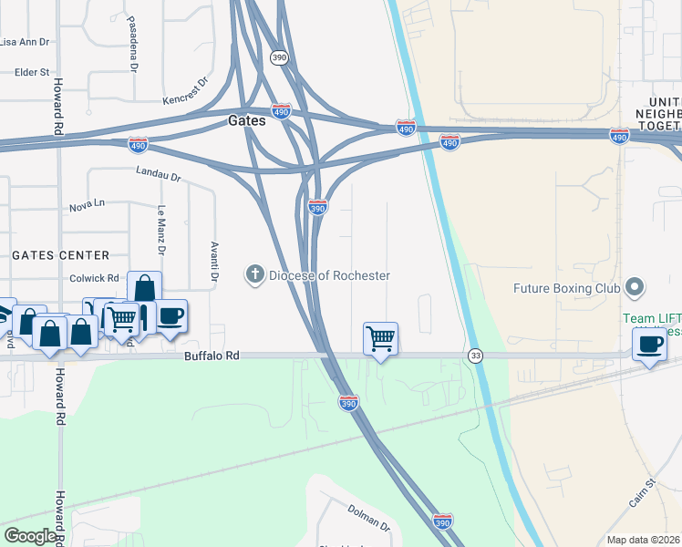 map of restaurants, bars, coffee shops, grocery stores, and more near 193 Dearcop Drive in Rochester