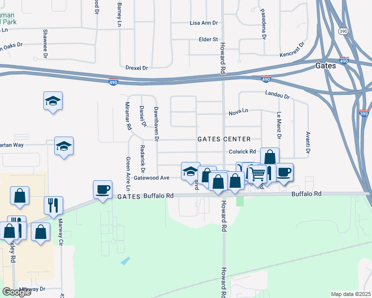 map of restaurants, bars, coffee shops, grocery stores, and more near 220 Miramar Road in Rochester