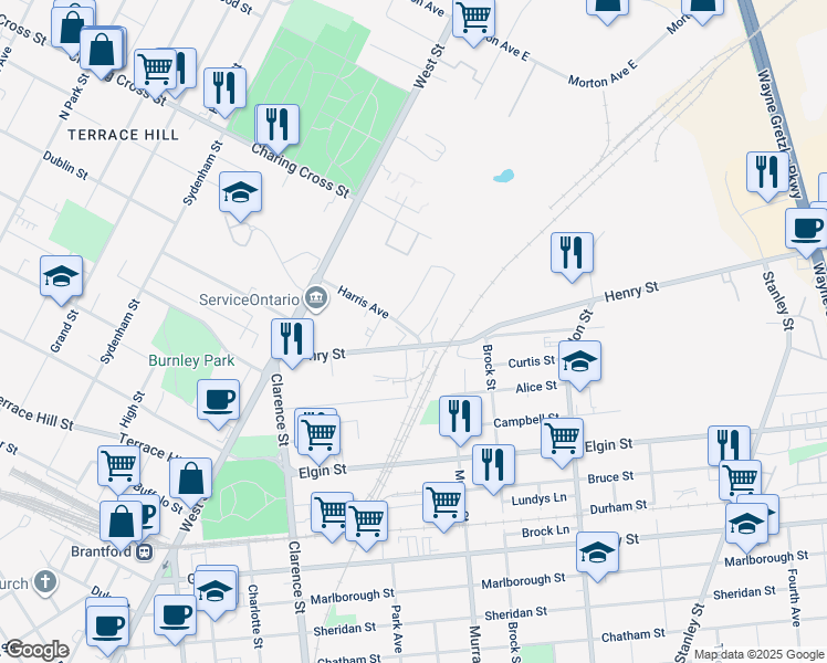 map of restaurants, bars, coffee shops, grocery stores, and more near 53 Henry Street in Brantford