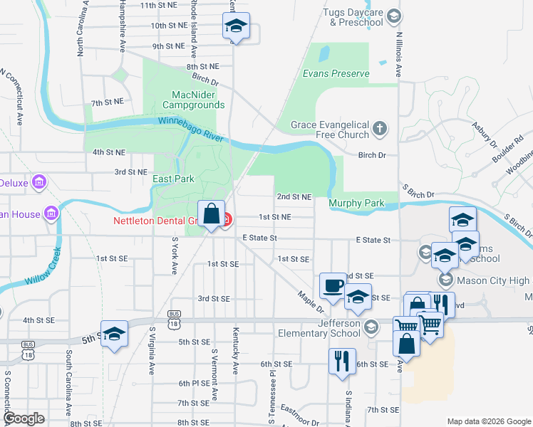 map of restaurants, bars, coffee shops, grocery stores, and more near 1111 2nd Street Northeast in Mason City