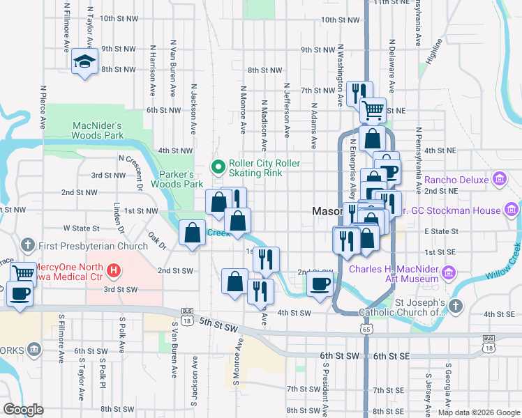 map of restaurants, bars, coffee shops, grocery stores, and more near 404 1st Street Northwest in Mason City