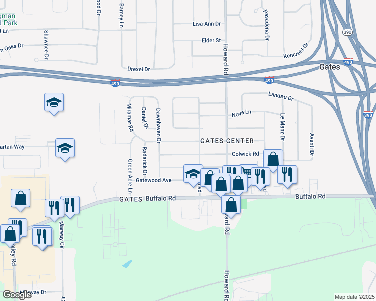 map of restaurants, bars, coffee shops, grocery stores, and more near 220 Miramar Road in Rochester