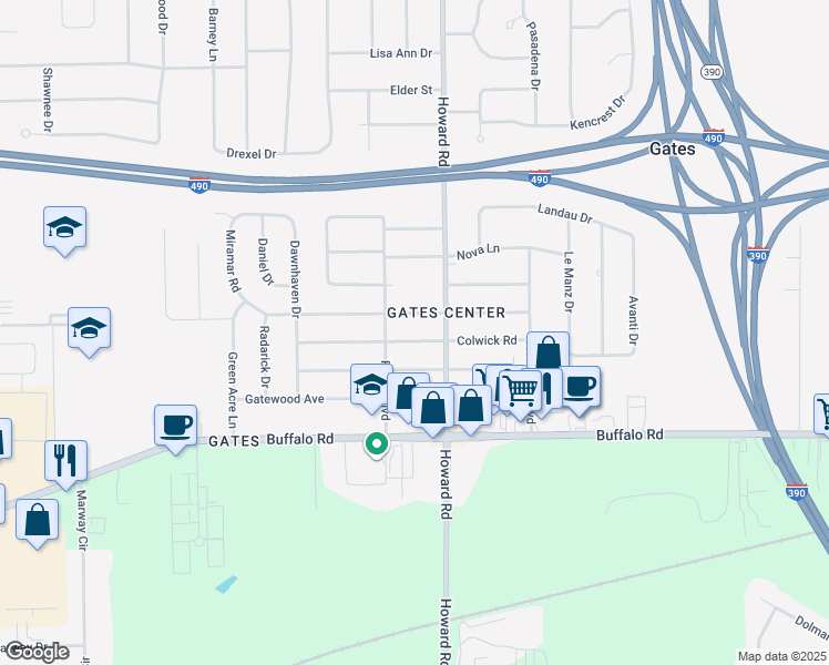 map of restaurants, bars, coffee shops, grocery stores, and more near 162 Miramar Road in Rochester