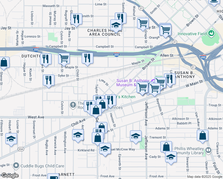 map of restaurants, bars, coffee shops, grocery stores, and more near 96 Silver Street in Rochester