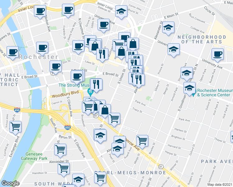 map of restaurants, bars, coffee shops, grocery stores, and more near 8 Canfield Place in Rochester