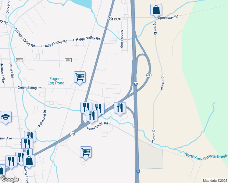 map of restaurants, bars, coffee shops, grocery stores, and more near 118 Southwest Berry Loop Lane in Roseburg