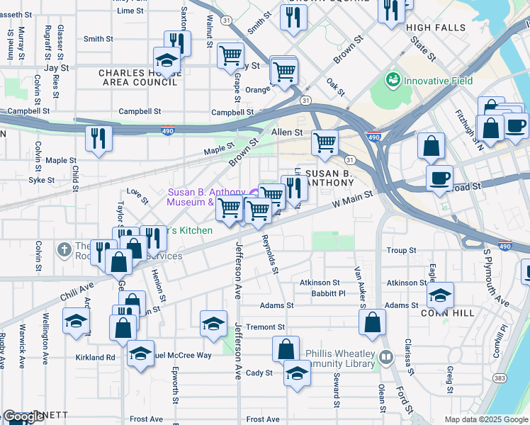 map of restaurants, bars, coffee shops, grocery stores, and more near 23 Madison Street in Rochester