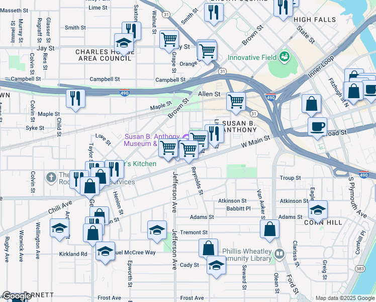 map of restaurants, bars, coffee shops, grocery stores, and more near 23 Madison Street in Rochester