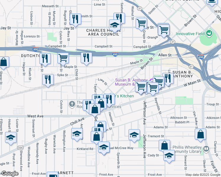 map of restaurants, bars, coffee shops, grocery stores, and more near 96 Silver Street in Rochester