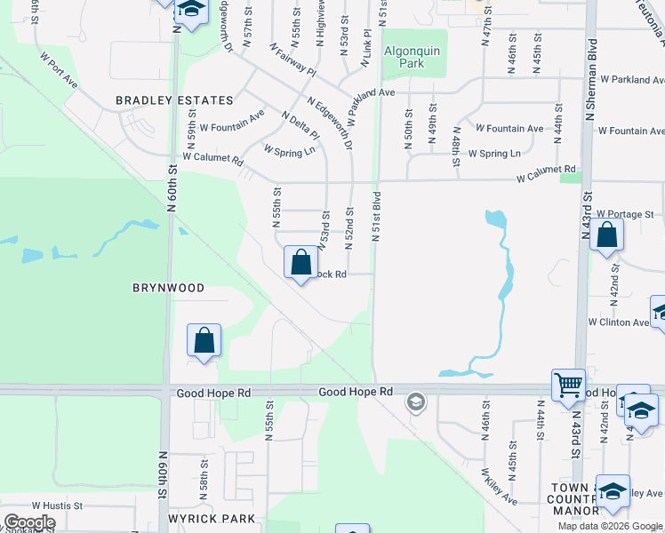 map of restaurants, bars, coffee shops, grocery stores, and more near 7465 North 53rd Street in Milwaukee