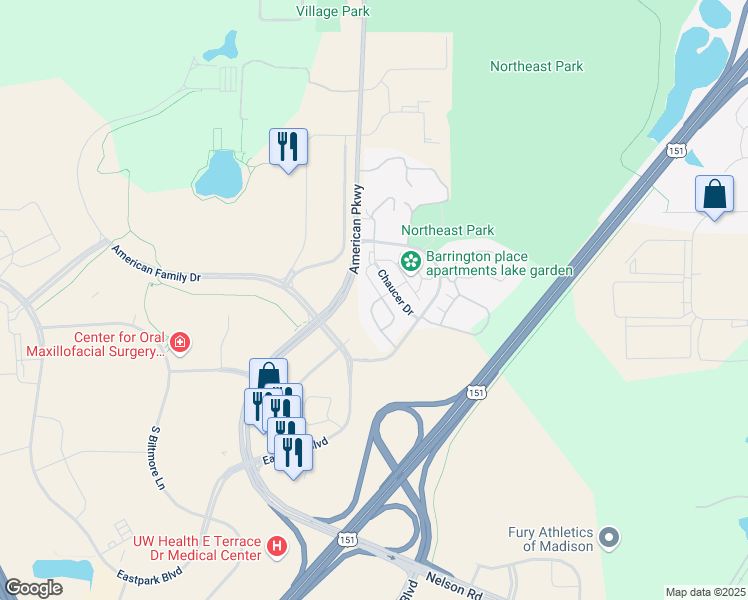 map of restaurants, bars, coffee shops, grocery stores, and more near 5119 Brookfield Parkway in Madison