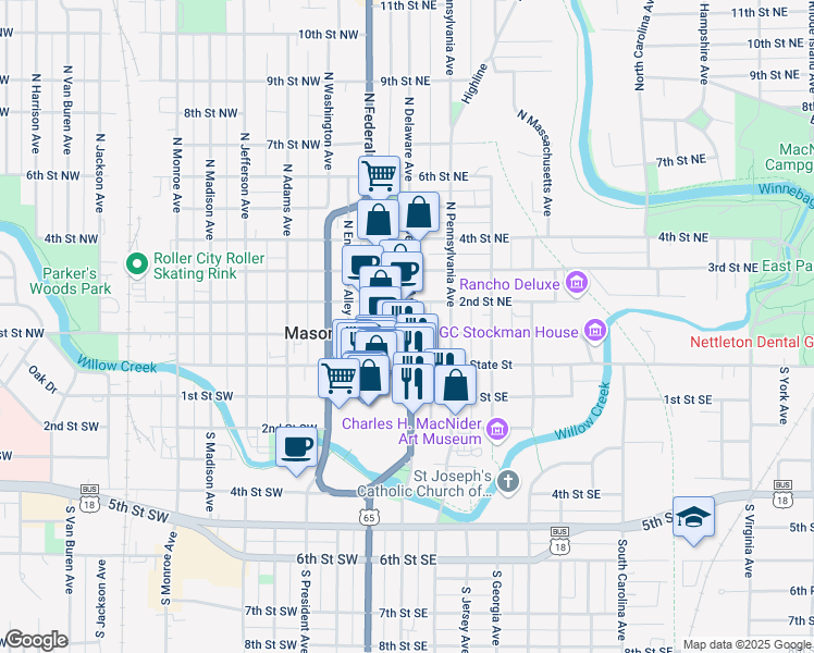 map of restaurants, bars, coffee shops, grocery stores, and more near 34 2nd Street Northeast in Mason City