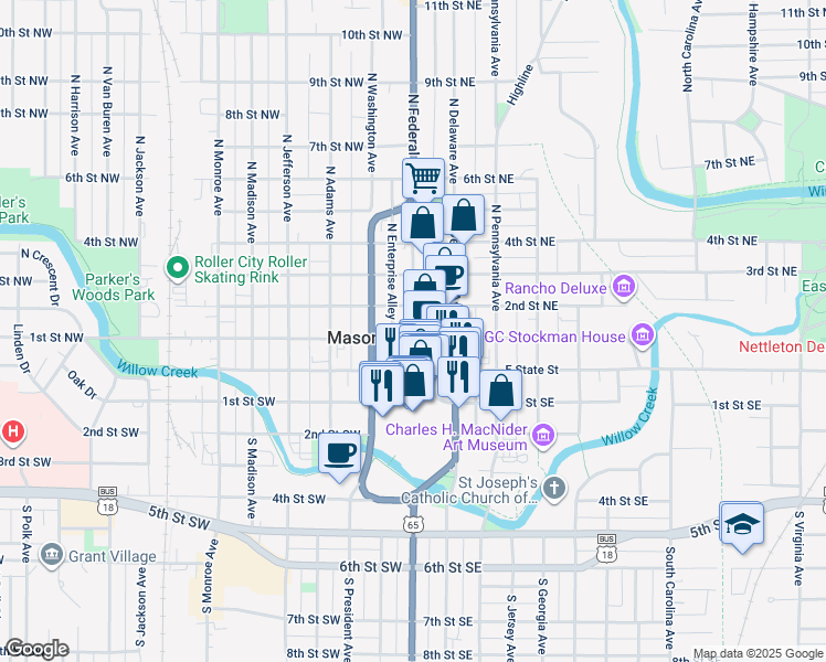 map of restaurants, bars, coffee shops, grocery stores, and more near in Mason City