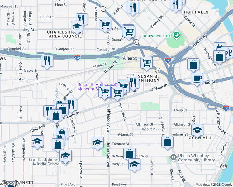 map of restaurants, bars, coffee shops, grocery stores, and more near 23 Madison Street in Rochester