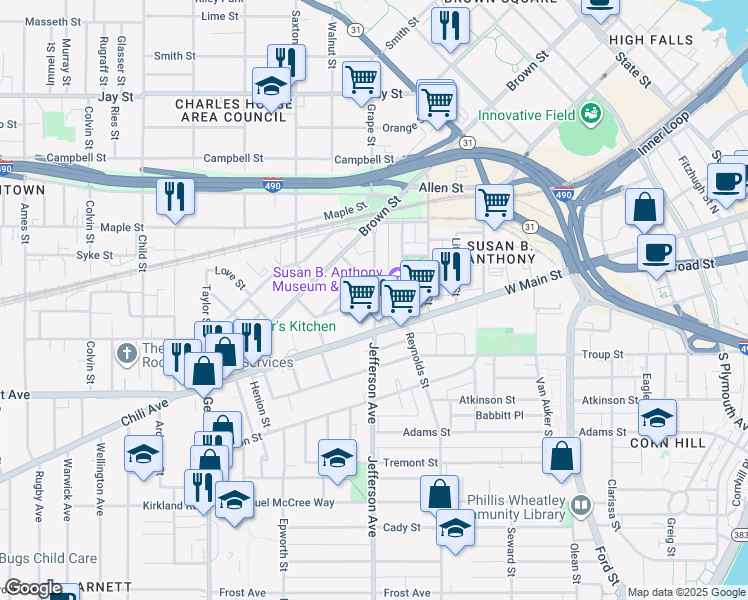 map of restaurants, bars, coffee shops, grocery stores, and more near 1 New York Street in Rochester