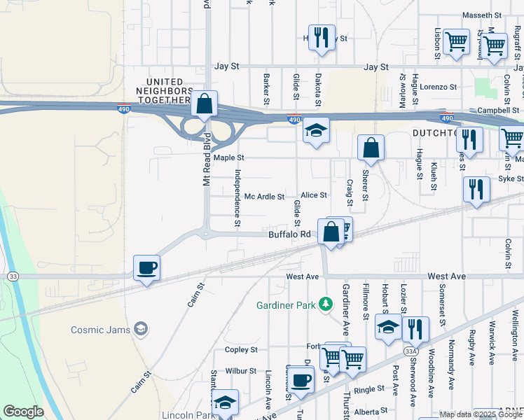map of restaurants, bars, coffee shops, grocery stores, and more near 84 Mc Ardle Street in Rochester