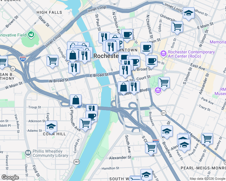 map of restaurants, bars, coffee shops, grocery stores, and more near 103 Court Street in Rochester