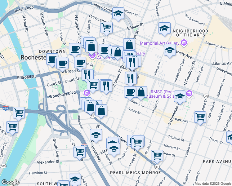 map of restaurants, bars, coffee shops, grocery stores, and more near 18 Canfield Place in Rochester