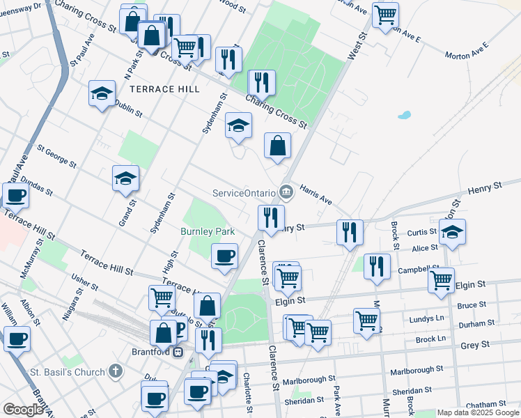 map of restaurants, bars, coffee shops, grocery stores, and more near 59 Kennedy Street in Brantford