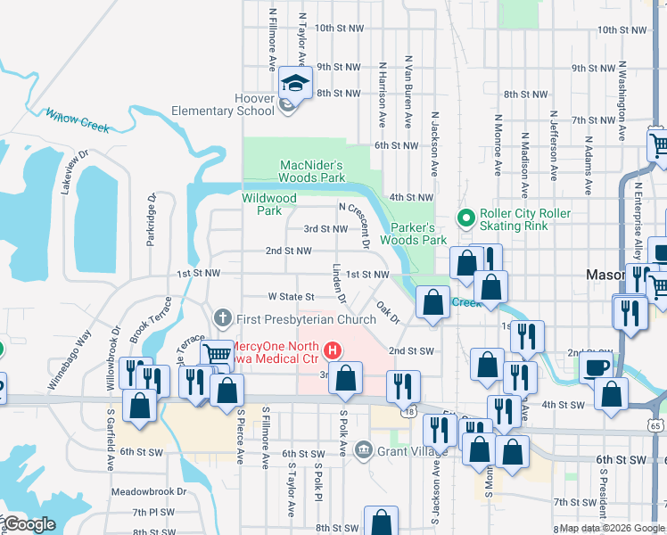 map of restaurants, bars, coffee shops, grocery stores, and more near 857 2nd Street Northwest in Mason City