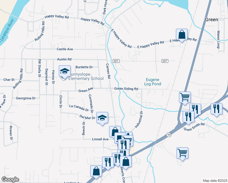 map of restaurants, bars, coffee shops, grocery stores, and more near 1842 Southwest Green Siding Road in Roseburg