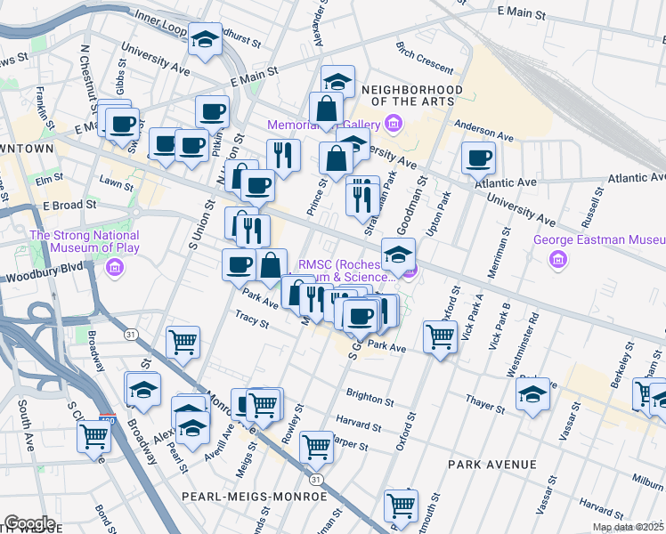 map of restaurants, bars, coffee shops, grocery stores, and more near in Rochester