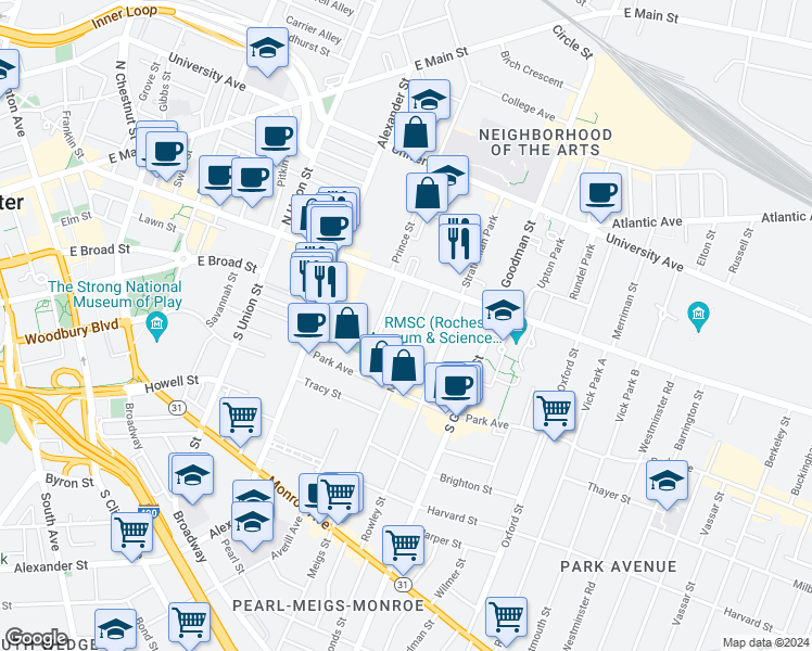 map of restaurants, bars, coffee shops, grocery stores, and more near 6 Sibley Place in Rochester