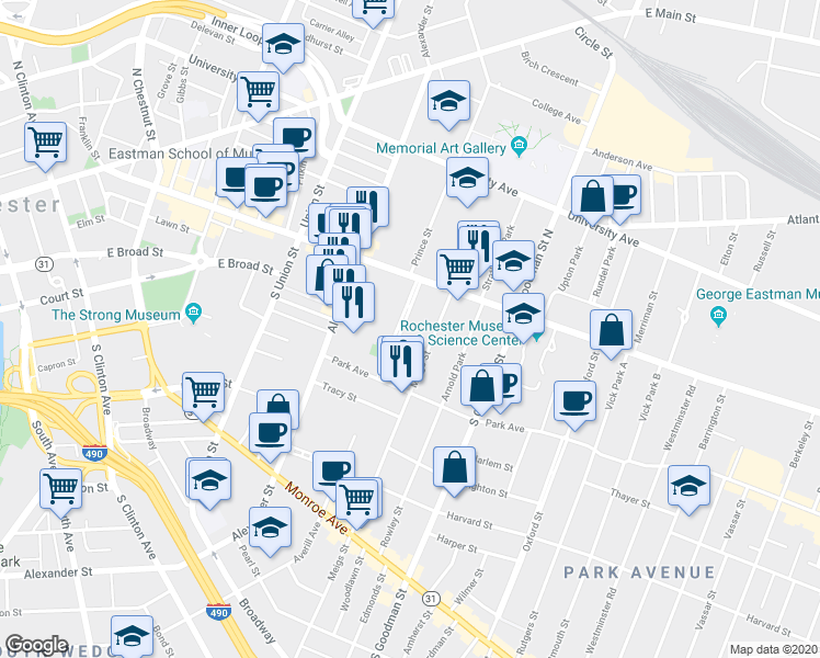 map of restaurants, bars, coffee shops, grocery stores, and more near 6 Sibley Place in Rochester