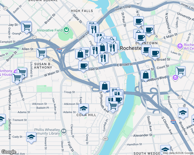 map of restaurants, bars, coffee shops, grocery stores, and more near 85 West Broad Street in Rochester