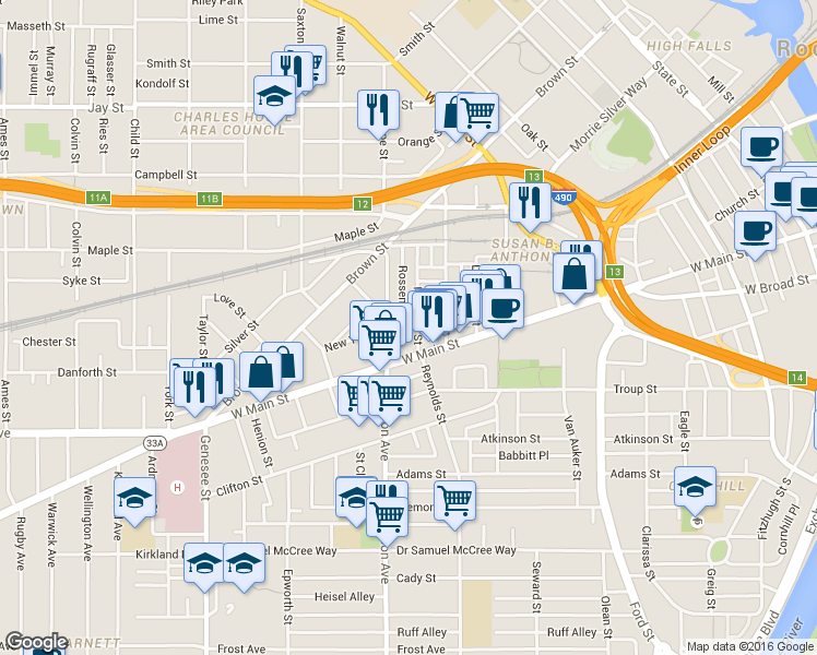map of restaurants, bars, coffee shops, grocery stores, and more near 23 Madison Street in Rochester
