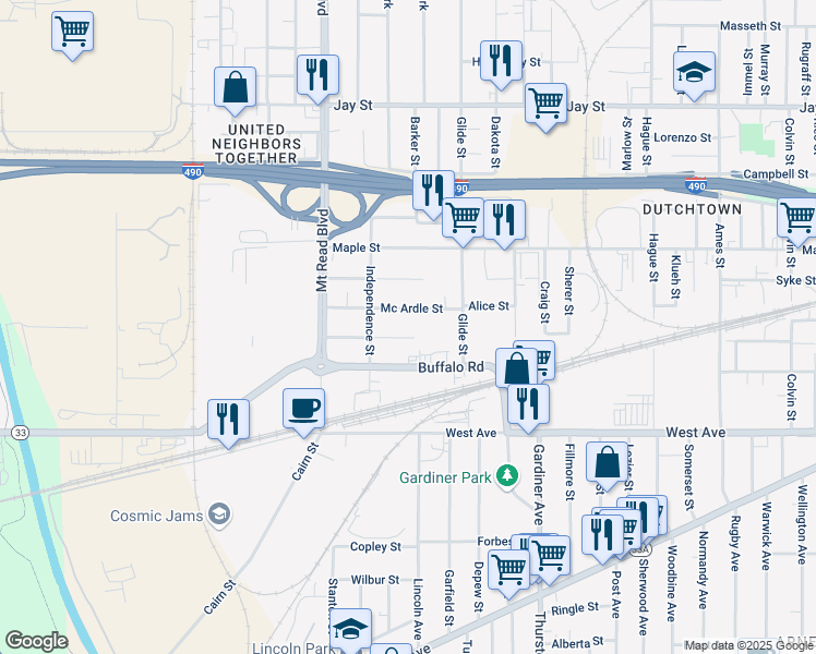 map of restaurants, bars, coffee shops, grocery stores, and more near 84 Mc Ardle Street in Rochester