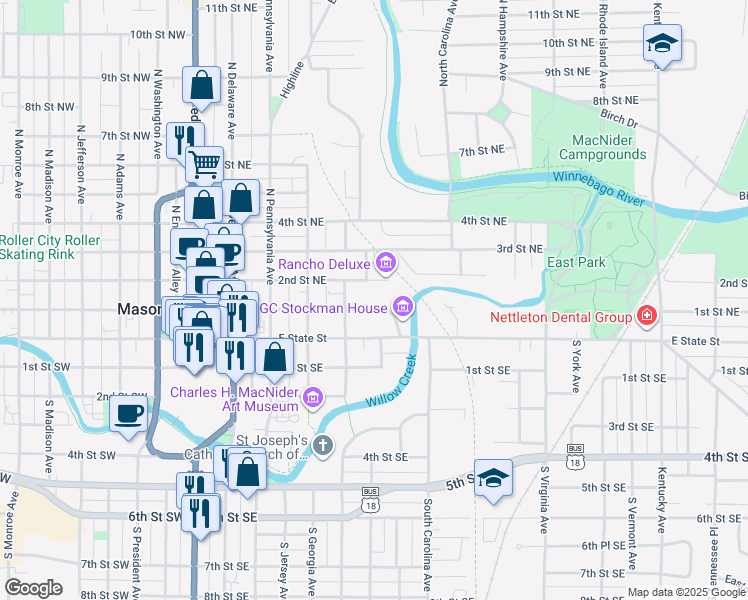 map of restaurants, bars, coffee shops, grocery stores, and more near 429 2nd Street Northeast in Mason City