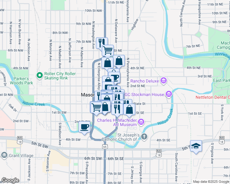 map of restaurants, bars, coffee shops, grocery stores, and more near 34 2nd Street Northeast in Mason City