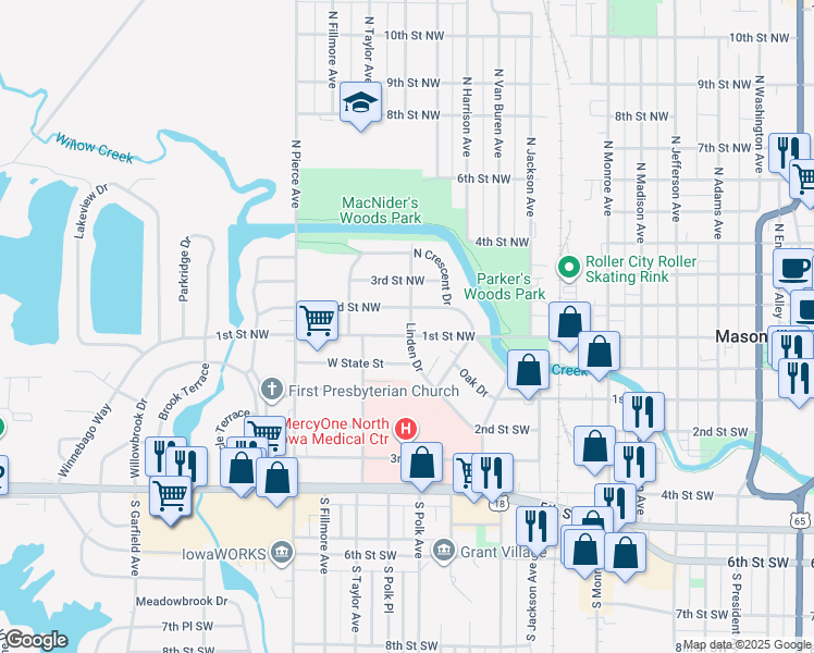 map of restaurants, bars, coffee shops, grocery stores, and more near 857 2nd Street Northwest in Mason City
