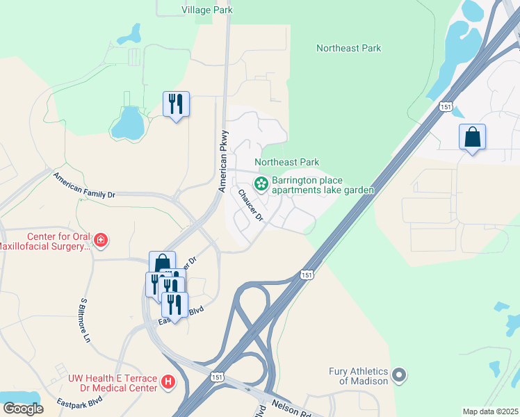 map of restaurants, bars, coffee shops, grocery stores, and more near 5201 Brookside Drive in Madison
