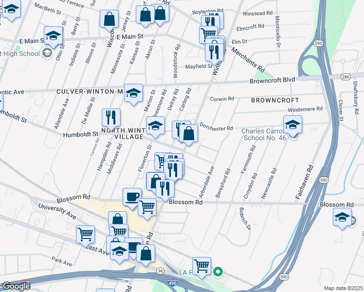 map of restaurants, bars, coffee shops, grocery stores, and more near 385 Winton Road North in Rochester