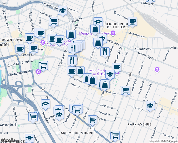 map of restaurants, bars, coffee shops, grocery stores, and more near 12 Sibley Place in Rochester