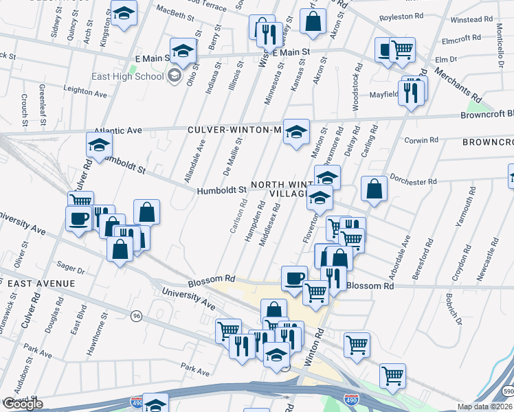 map of restaurants, bars, coffee shops, grocery stores, and more near 177 Hampden Road in Rochester