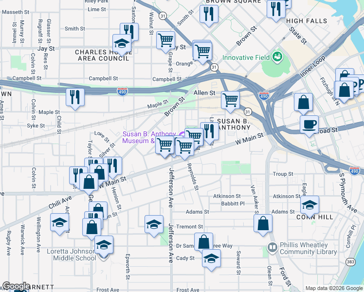 map of restaurants, bars, coffee shops, grocery stores, and more near 23 Madison Street in Rochester