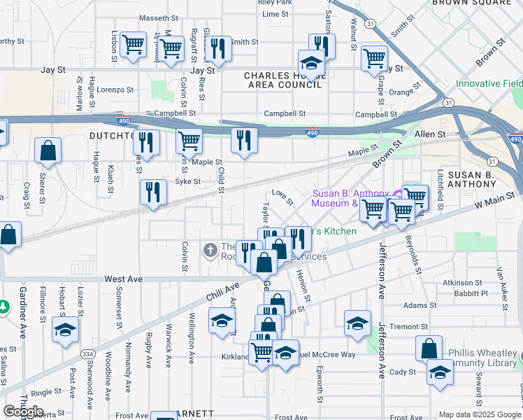 map of restaurants, bars, coffee shops, grocery stores, and more near in Rochester