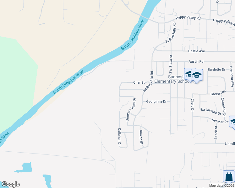 map of restaurants, bars, coffee shops, grocery stores, and more near 534 Char Street in Roseburg
