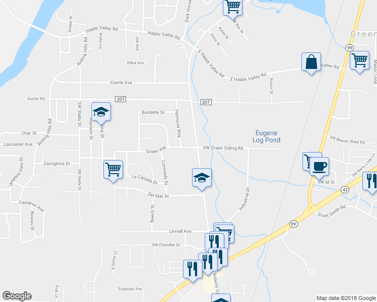 map of restaurants, bars, coffee shops, grocery stores, and more near 4178 Carnes Road in Roseburg