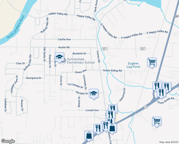 map of restaurants, bars, coffee shops, grocery stores, and more near 1178 Green Avenue in Roseburg