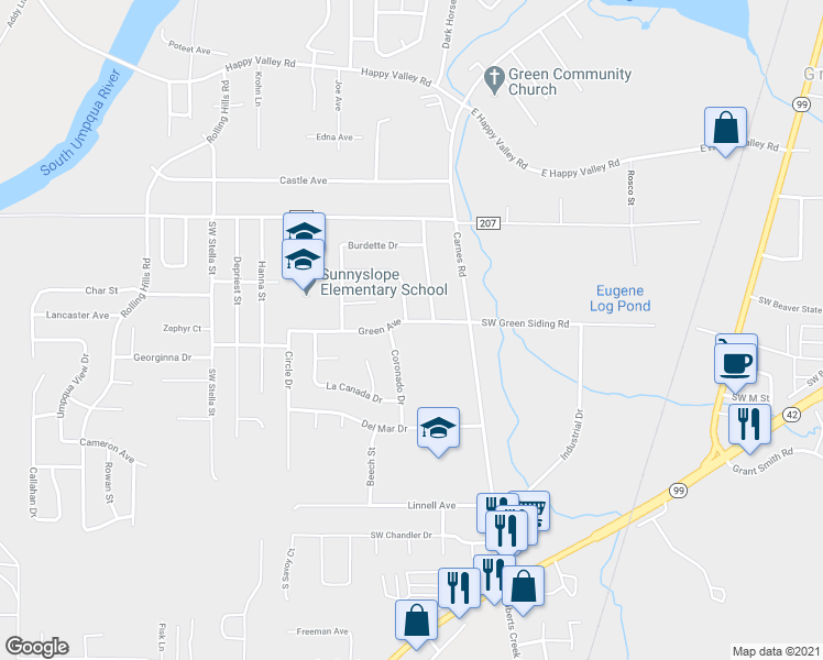 map of restaurants, bars, coffee shops, grocery stores, and more near 1178 Green Avenue in Roseburg