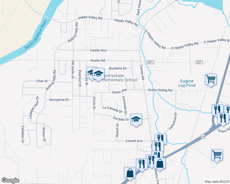map of restaurants, bars, coffee shops, grocery stores, and more near 2026 Green Avenue in Roseburg