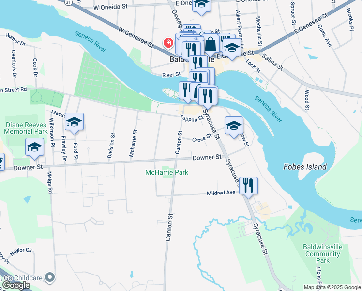 map of restaurants, bars, coffee shops, grocery stores, and more near 25 Canton Street in Baldwinsville