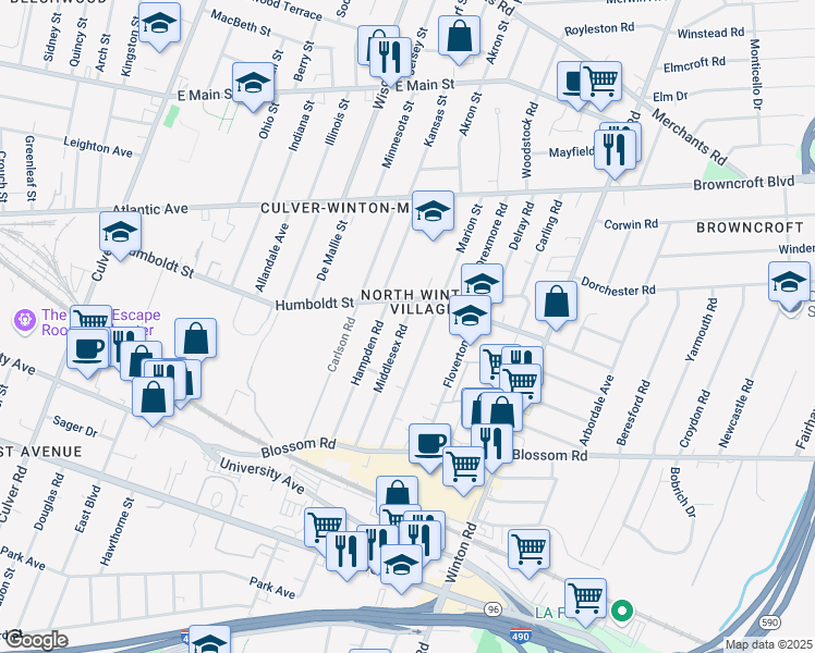 map of restaurants, bars, coffee shops, grocery stores, and more near 210 Hampden Road in Rochester