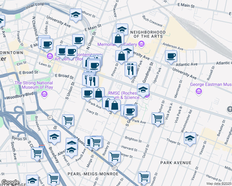 map of restaurants, bars, coffee shops, grocery stores, and more near 6 Sibley Place in Rochester