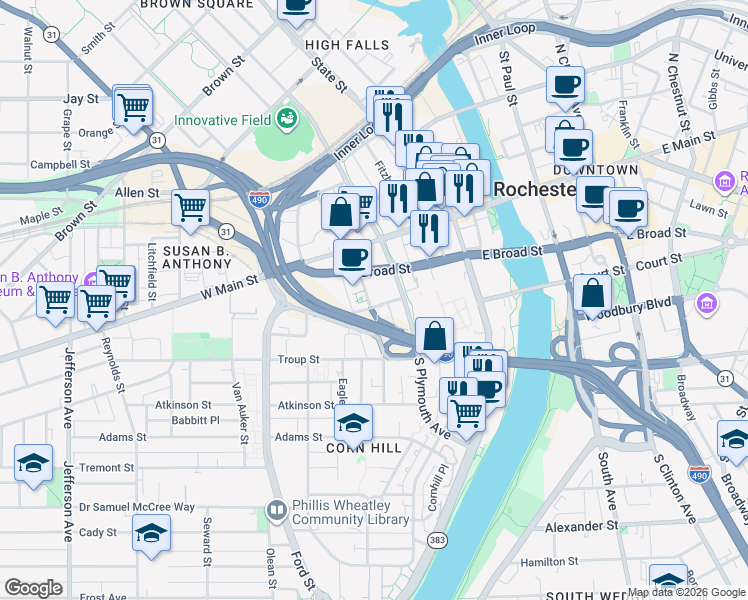 map of restaurants, bars, coffee shops, grocery stores, and more near 131 West Broad Street in Rochester